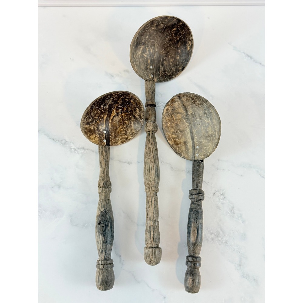 Vintage Set of 3 Coconut Shell Wooden Handle Ladle Serving Spoons